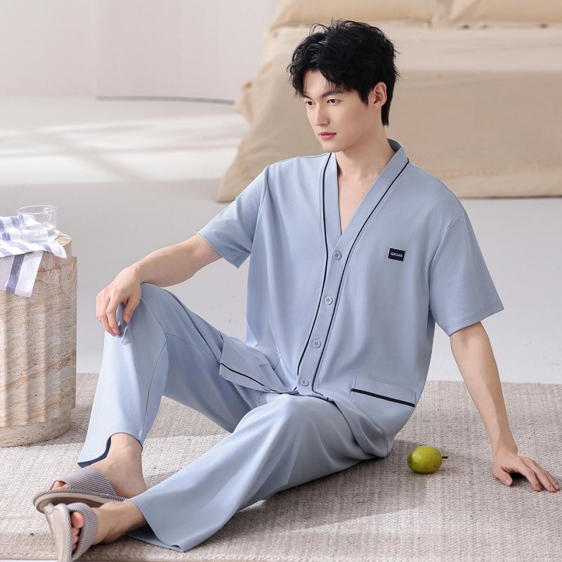 

Мужской хлопковый комплект пижамы: Короткий рукав, Длинные штаны, Повседневная весенне-летняя одежда для дома и улицы XL (Recommended for 135-155kg)