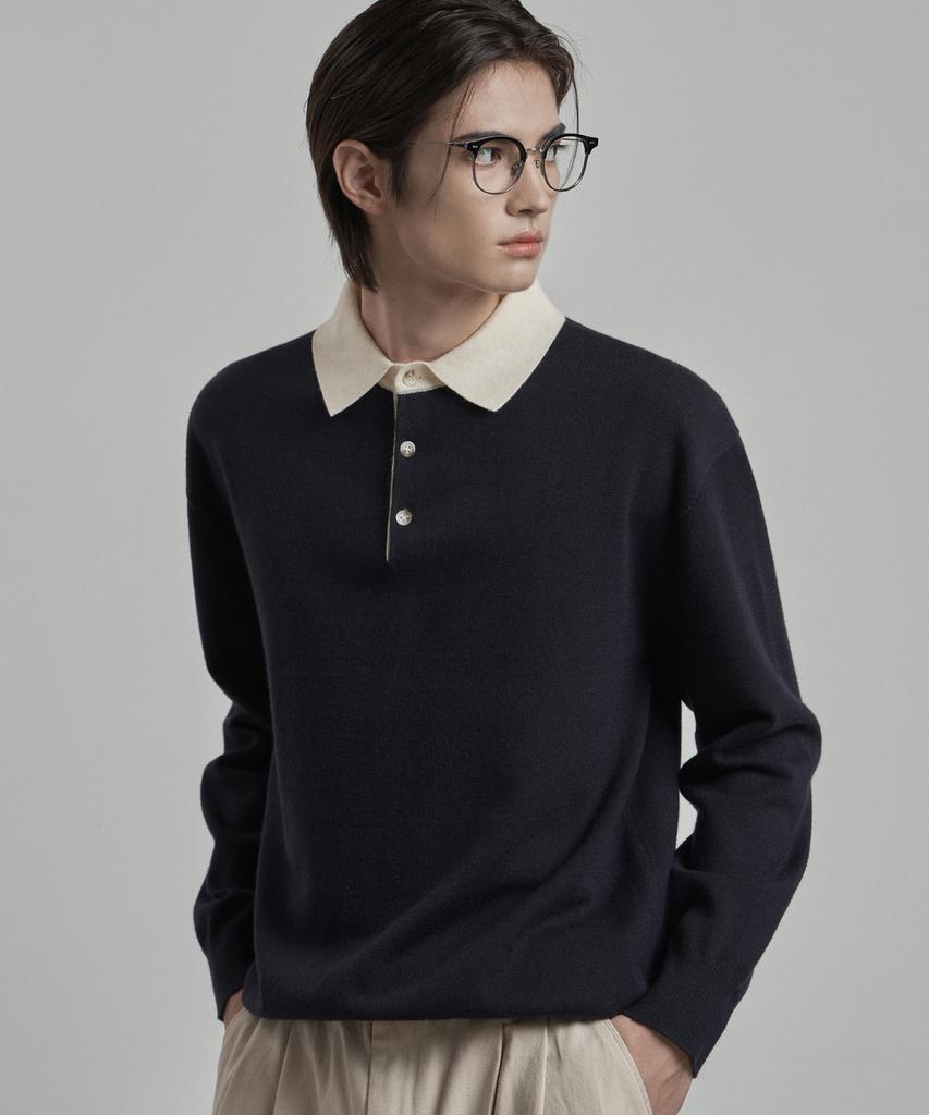 WORK ON BODY OFF Par Semi-Overfit Two-Tone Collar Knit [Navy]