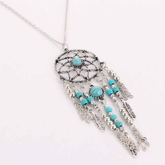 Boho Dreamcatcher Feather Turkis Tassel Chain Charm Halskjede kvinner smykker