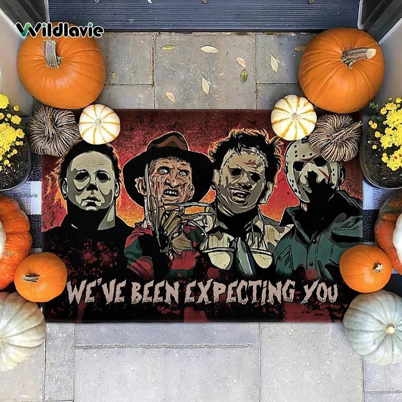 Horror Movie Characters Doormat "We've Been Expecting You" Non-Slip Washable Entrance Rug for Halloween Home Decor