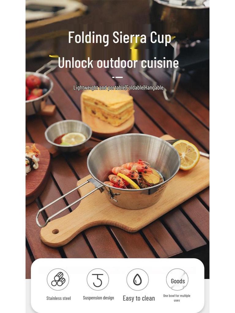 Sierra Outdoor 304 Stainless Steel Folding Camping Bowl with Fixed Handle