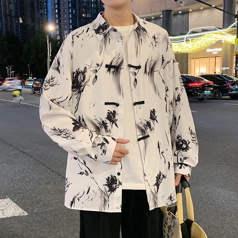 New Chinese style shirt, men's artistic long sleeved ink printed button down shirt, handsome men's Tang suit