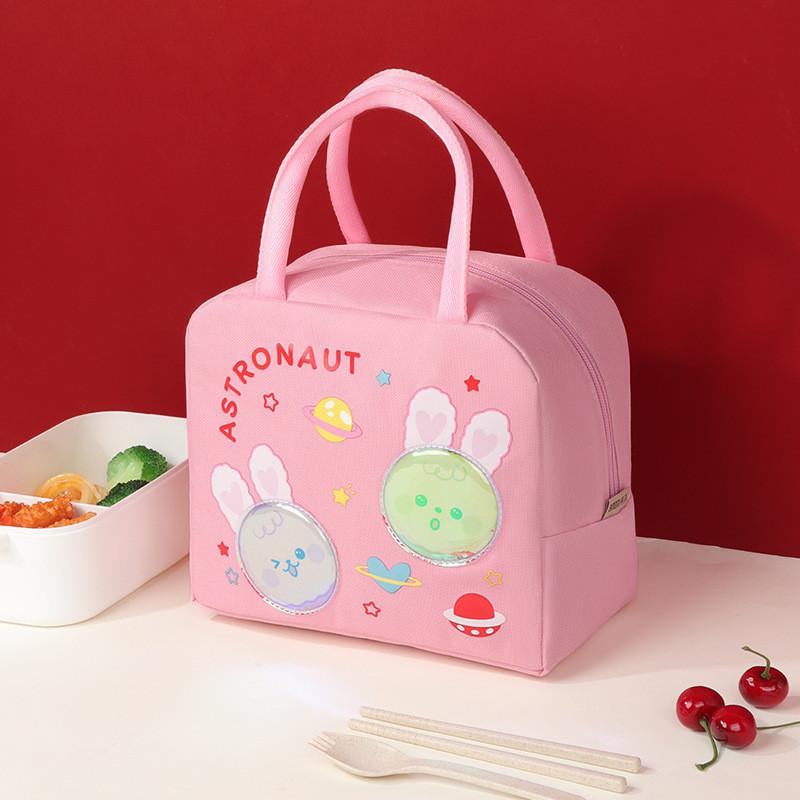 Cute Cartoon Oxford Insulated Lunch Bag For Work And School Pink Astronaut Rabbit
