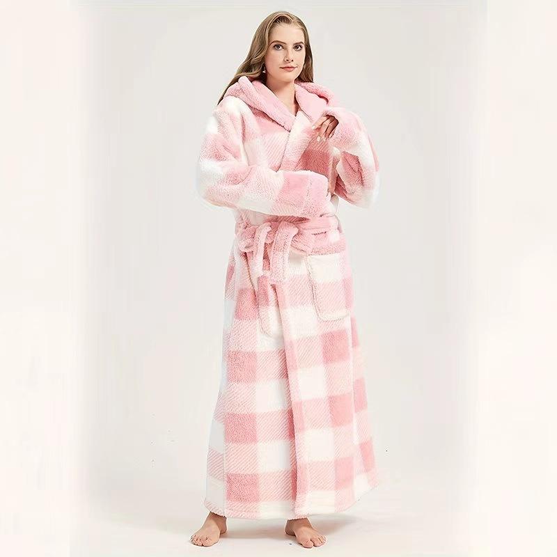 Couple Bathrobe Men Women Coral Fleece Hooded Robe Winter Thick Warm Plaid Striped Long Sleep Robe Home Spa Loungewear Bath Robe