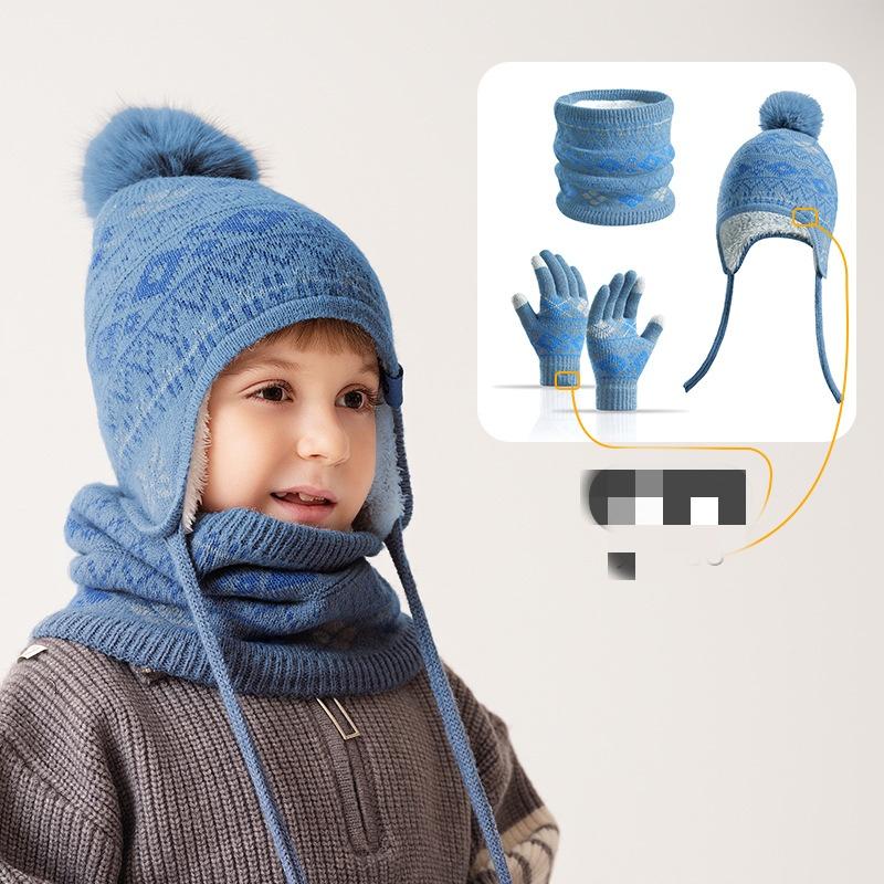 Three Piece Set of Children's Hats, Scarves, Gloves, Winter Warm Acrylic Knitted Ear Protection Hat