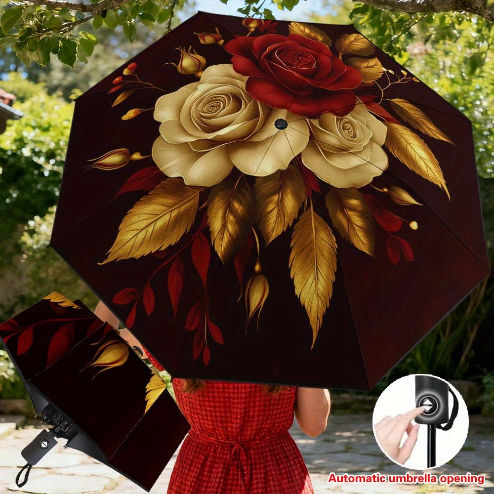 

1pc Golden and Red Roses Blossom Designed Automatic Folding Umbrella, Daily-use Resistant Umbrella, Thickened Reinforced Umbre (as the picture,Iron&8K)