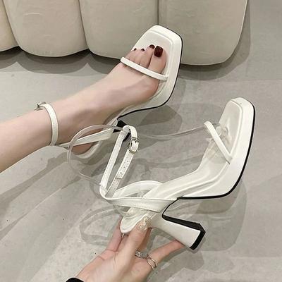2025 Summer Thick Heel with High Heels Design Sense Niche Pink Sexy Waterproof Table Square Head Sandals Women
