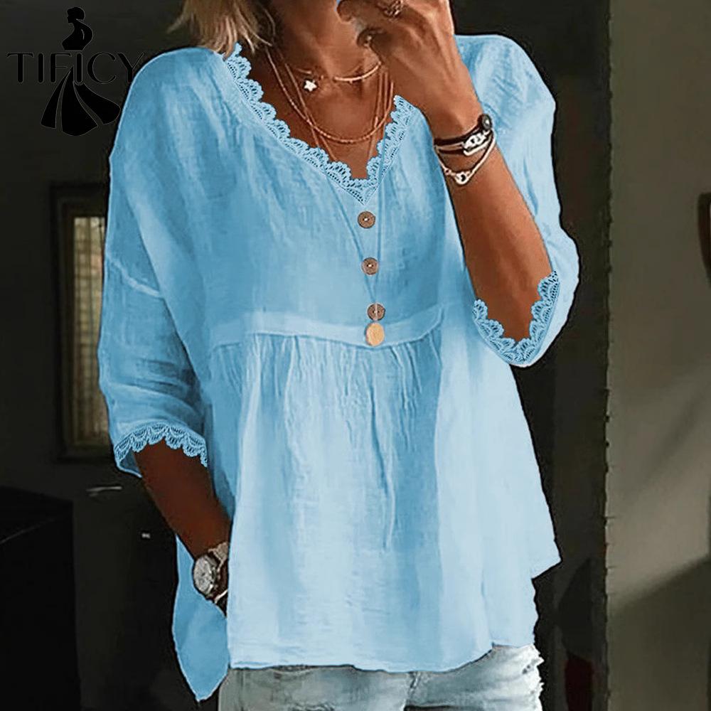 TIFICY Women's Fashion Casual Summer Spring Solid Color Print 3/4 Sleeves V-Neck Blouses & Shirts