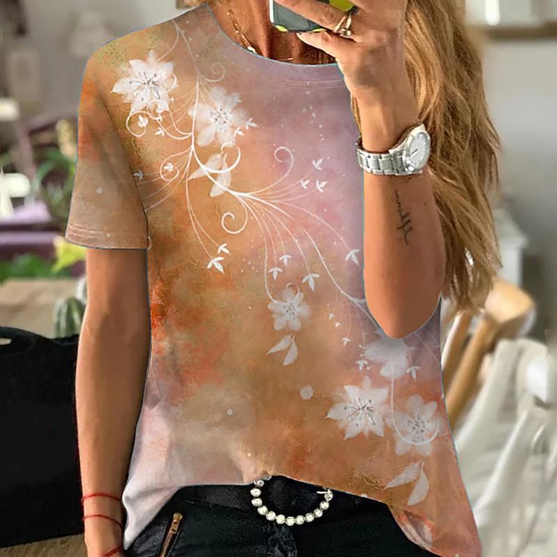 Damen Sommer T-Shirt Trend Blumendruck Retro Mode Kurzarm Tees Lässig Bedruckte Oberteile