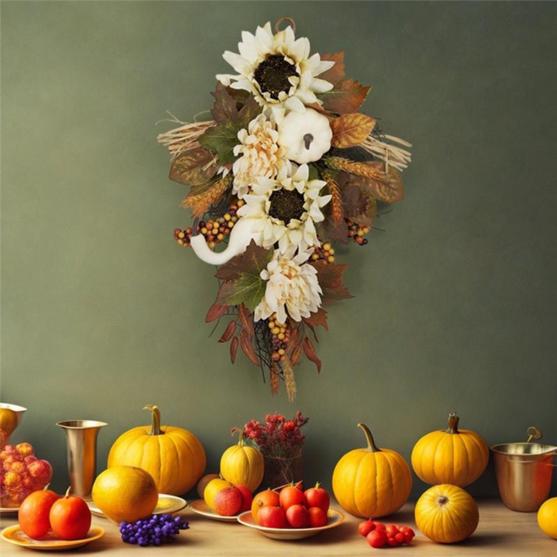 M-Modern-Artificial Pumpkins Wreaths White Pumpkin Maple Leaf With Leaves Flower Fall Door Garland Thanksgiving Theme