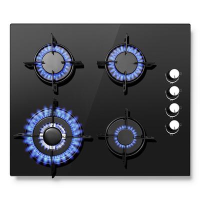 Gas Hob 4 Burners, NG/LPG Convertible, Built-in 60cm Black Glass Gas Hob with Wok Burner, Flame Failure Protection, 8000W