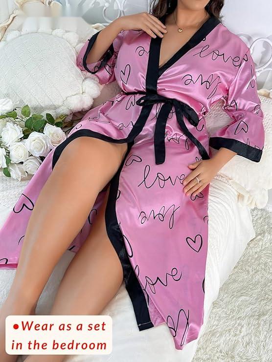 Women's Plus Size Valentines Robe, Sexy Satin Robe Long Sleepwear