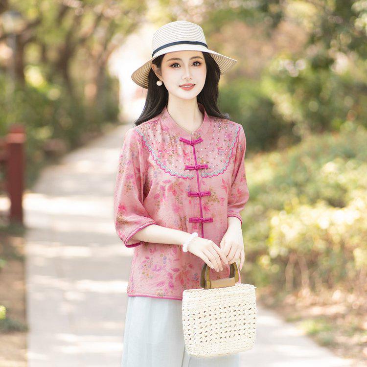 Elegant Retro Seven-Sleeve Chinese Style Shirt XL (recommended 90-105 jin)