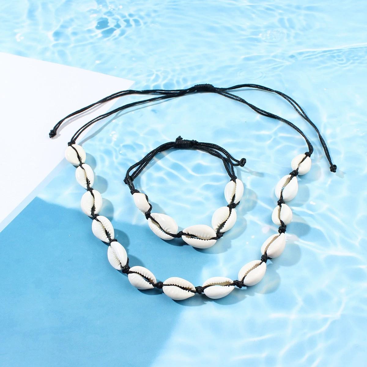 

Fashion Handmade Braided Shell Necklace Bracelet Jewelry Set For Women Bohemian Summer Beach Resort Vocation Accessories Gift чёрный