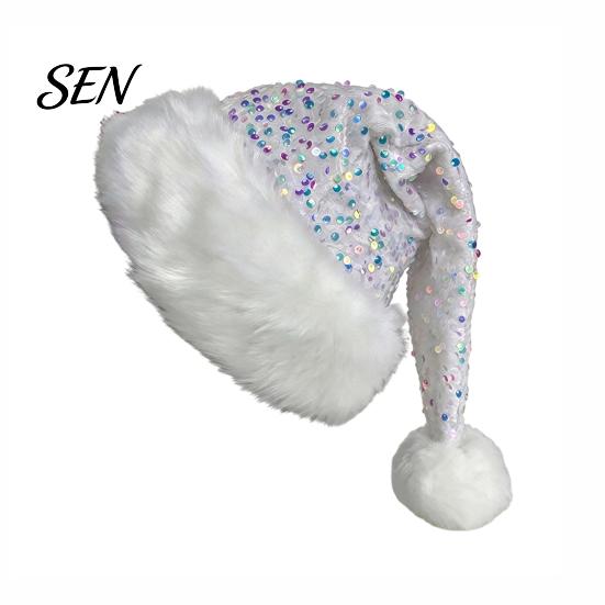 Santa Hat Christmas Sparkly for Women Men, Glitter Sequin with White Fluffy Trim Festive Costume Accessories Cosplay And Pom Pom, Holiday Party Bling
