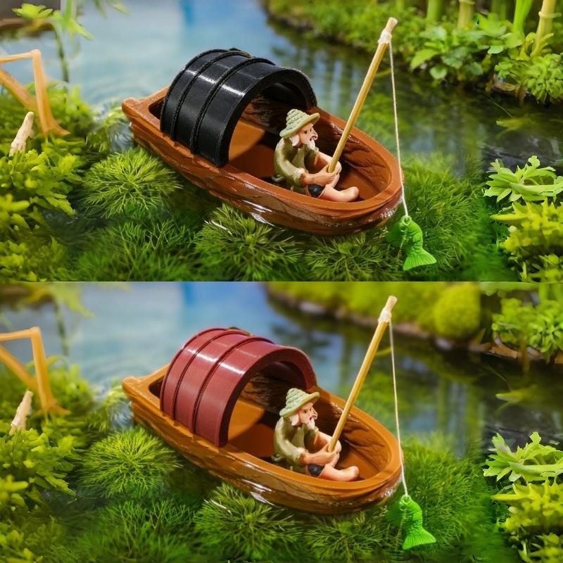 1 Set Acquario Laghetto Paesaggistica Decorazione Barca Galleggiante Fatta a Mano Pescatore Modello Mini Barca Accessori Acquario