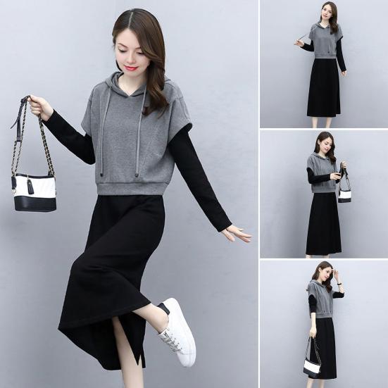 Women's 2 Piece Dress Set Pullover Hooded Drawstring Sweatshirts Midi Dress Lounge Sets Casual Fall Spring Outfits