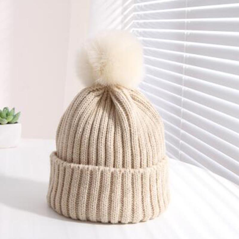Winter Pompom Baby Beanie Cap Thicken Warm Woolen Knitted Hat for Kids Boy Girl Solid Color Crochet Hats