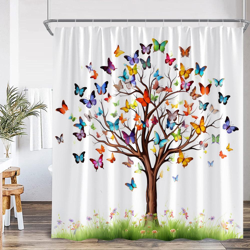 Watercolor Floral Shower Curtain Flower Plant Butterfly Purple Blue Golden Blossom Bathroom Decor ModernPolyester Bath Curtain