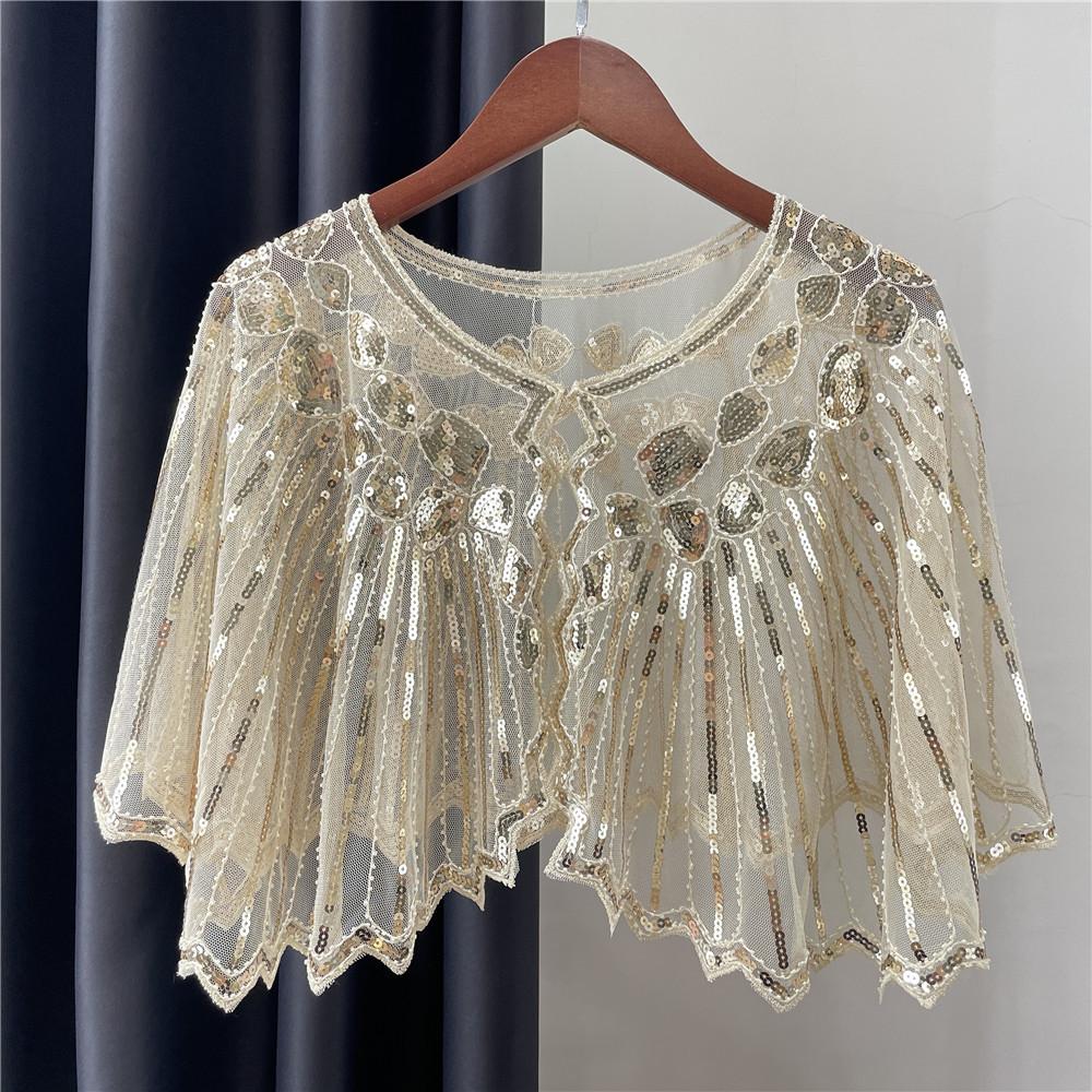 Vintage Flapper Shawl Sequin Beaded Short Cape Beaded Decoration Gatsby Party Mesh Short Cover Up Dress Accessory