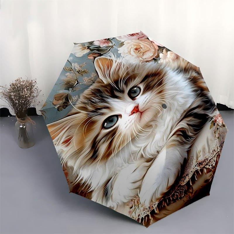 Floral Pillow with Cute Kitten Design-Soft and Comfortable Home DecorUmbrella with Cute Design,Portable 3-Fold Compact Umbrella for Men&Wome