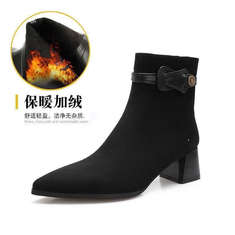 Coarse-heeled short boots women's retro 2025 new autumn and winter pointed brown boots French suede medium tube slim high-heeled boots