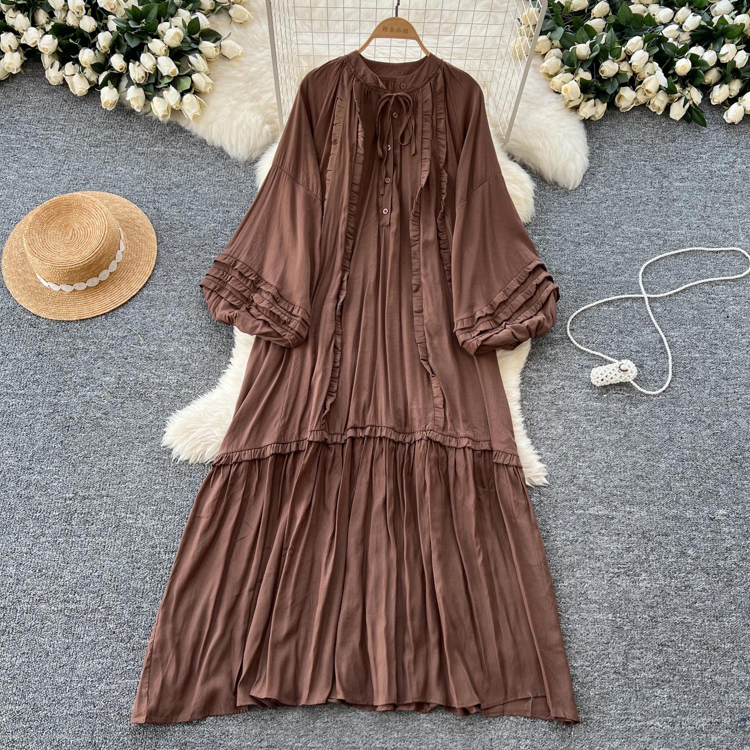 

Винтажное однобортное платье с круглым вырезом на шнуровке, модное, с длинными рукавами, элегантное, свободное, с оборками, корейская женская одежда High Street One Size кофейный