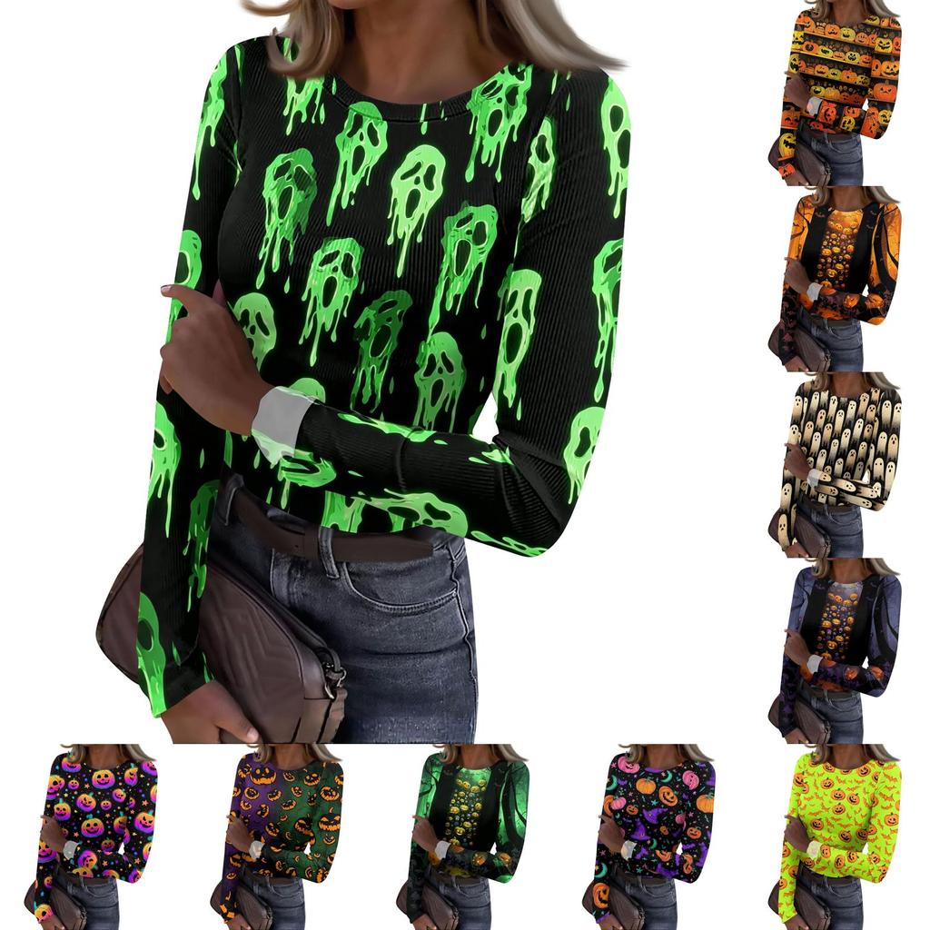 Women's Casual Long Sleeve Ribbed Top Halloween Print Round Neck Stretchy Slim Fit Pullover Shirt for Fall and Winter