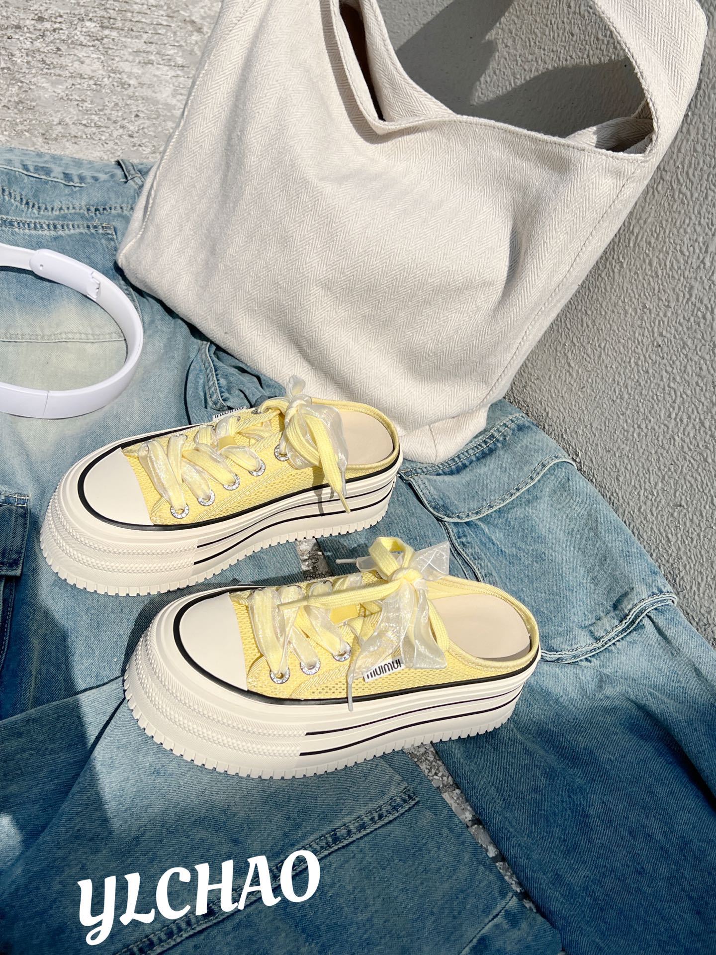 

Heelless transparent mesh shoes platform bag head half slippers women s summer new one-pedal lazy shoes casual board shoes 39 жовтий