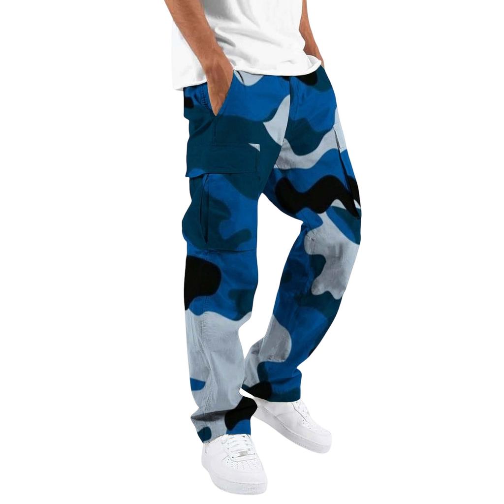 Men Drawstring Elastic Waist Cargo Pants Four Pockets Digital Print Loose Fit Long Trousers for Daily Outdoor Wear