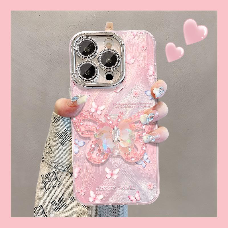Bead Butterfly Stand Suitable for Apple 16 Mobile Phone Case Huawei Mate60pro Feather Yarn 15 High-end Sense 14/13 Women