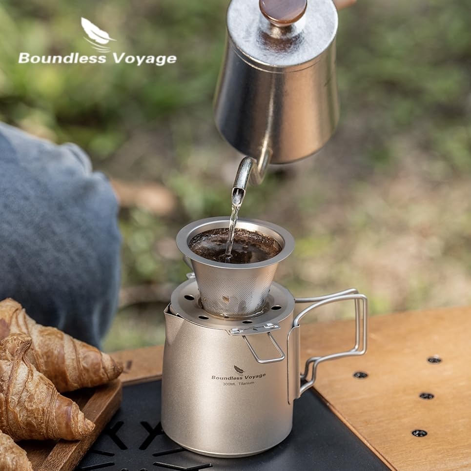 Boundless Voyage Titanium Coffee Dripper, Conical Mesh Filter, Paperless, 1-2 Cup Capacity, Foldable Holder, Lightweight, Rustproof, Compact, Reusable