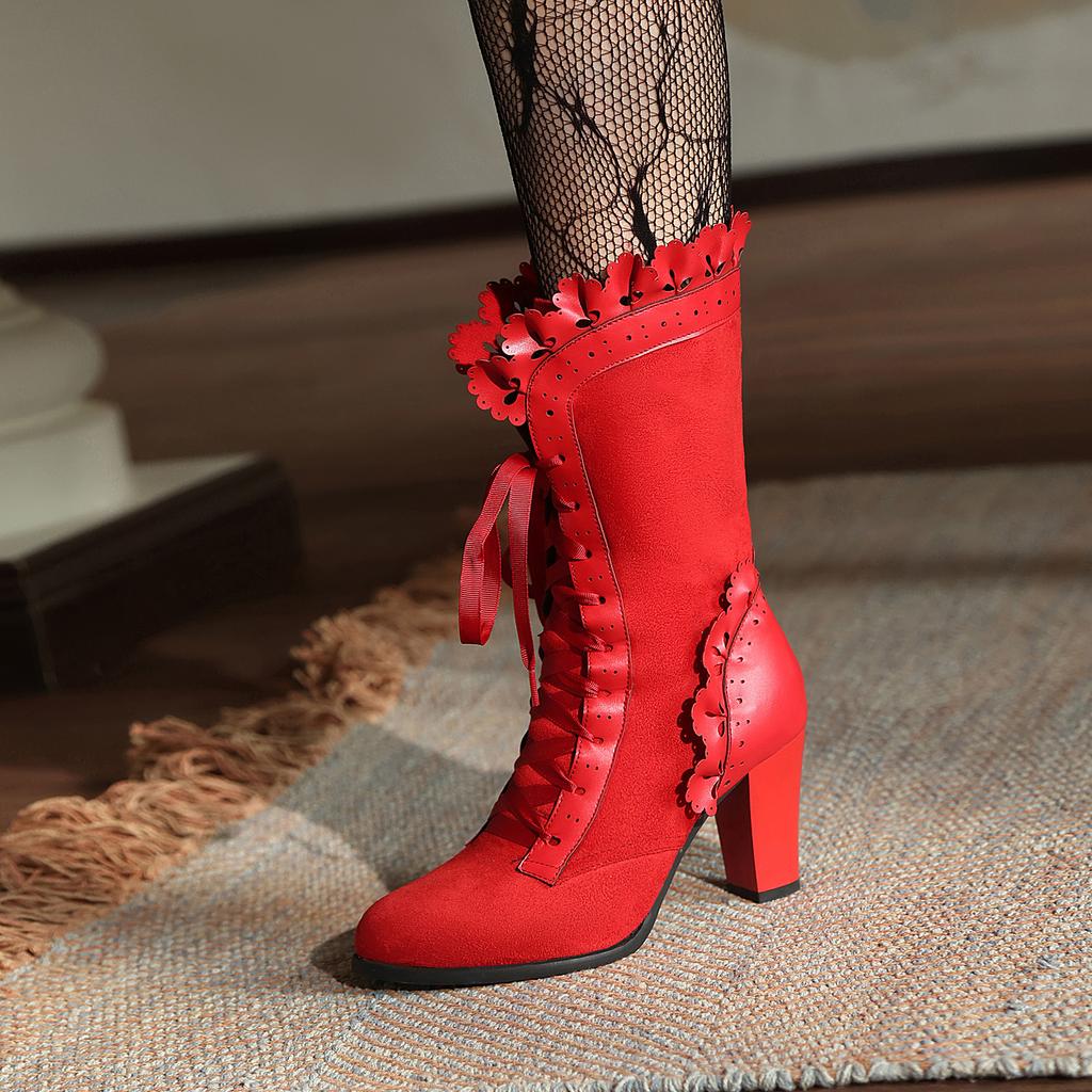 British Lolita Women'S Boots Burnt Lace-Up Medium Boots Thick High Heel Fashion Boots 35-48 Boots