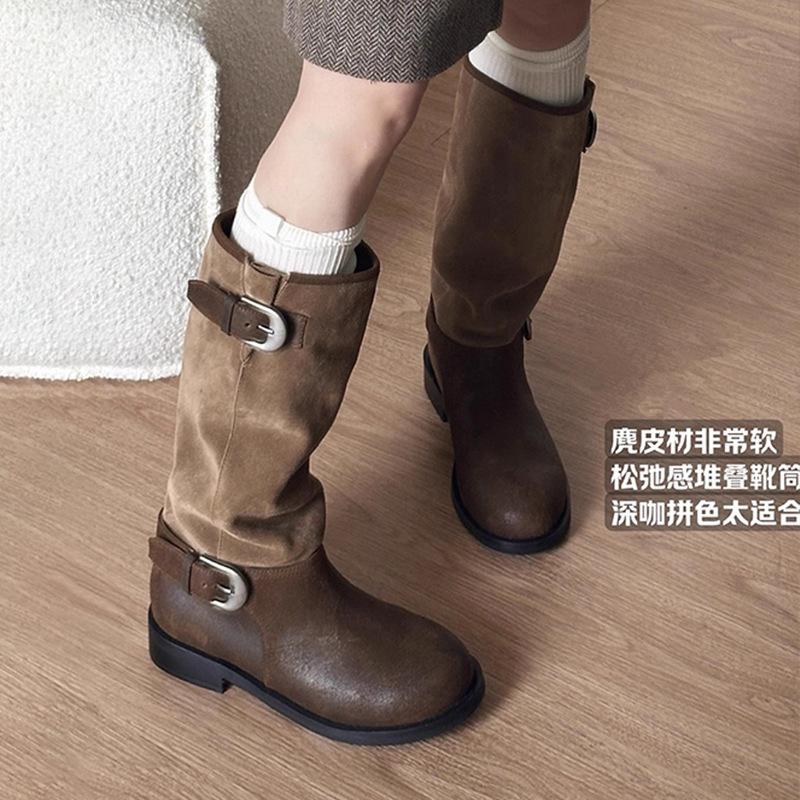 Cowhide version! Retro western cowboy boots women's belt buckle big tube circumference fat MM but knee thick heel thin knight boots