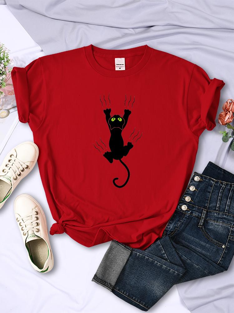 Naughty Black Cat Printed Women Tee Clothing Casual Breathable Short Sleeve Vintage Summer O-Neck Tops Fashion Womans T-Shirts