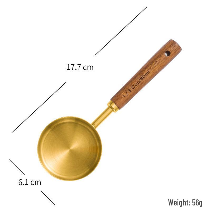 Gold-Plated Stainless Steel Measuring Cups & Spoons Set with Acacia Wood Handles, 8-Piece Kitchen Baking Tools.