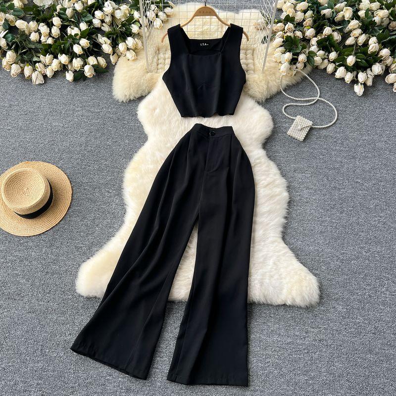 Fashion Niche Style Anti-Aging Outfits Women's Short Crop Top Sleeveless Vest Tops + High Waist Wide Leg Leisure Suit Pants
