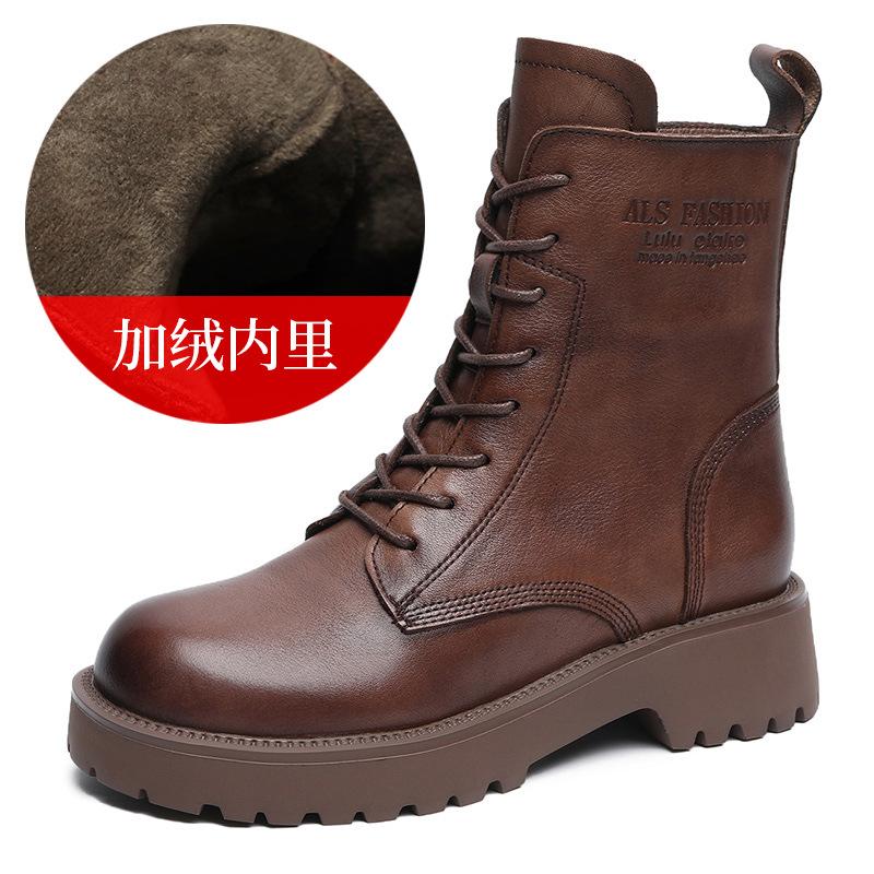 Fashion 4.5CM Fashion Women Boots Handmade Retro Genuine Leather Thick Heel Platform Ankle Boots For Women Warm Short Boots