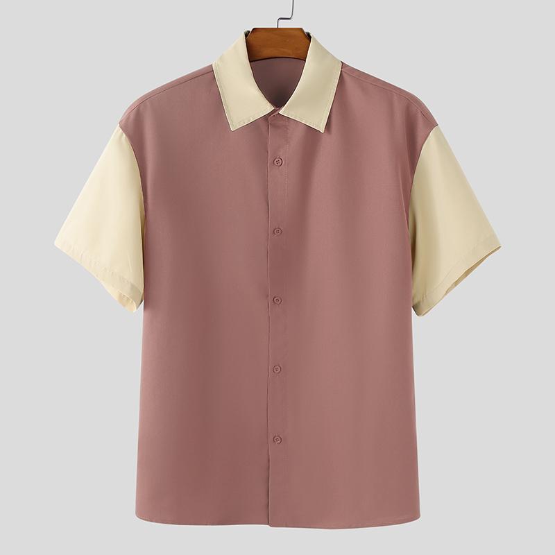 

INCERUN Мужские рубашки оверсайз с лацканами, пэчворк, на пуговицах, повседневные 4XL розовый