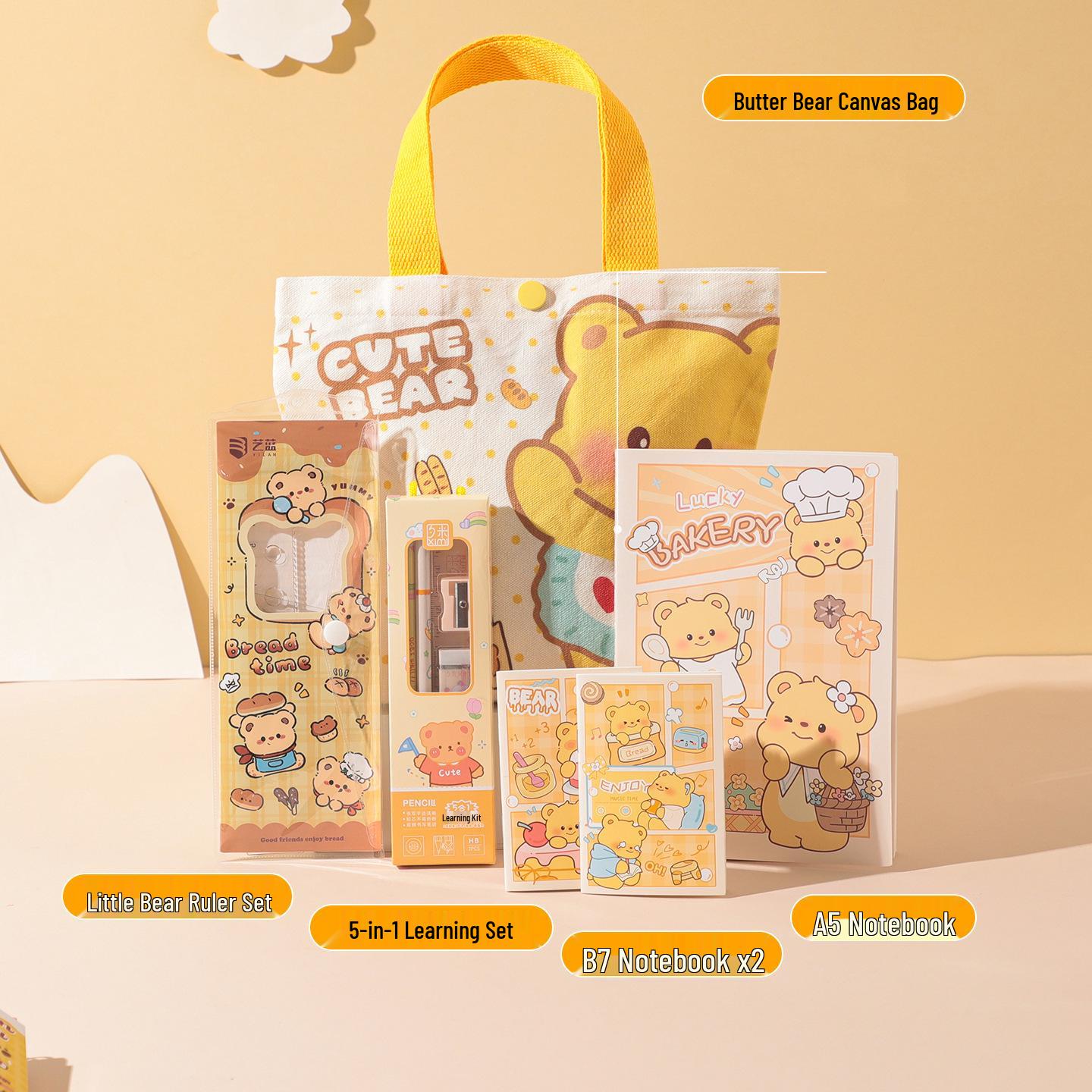 Cream Bear Canvas Bag Stationery Set: Perfect Birthday Party Favors or Graduation Gifts.