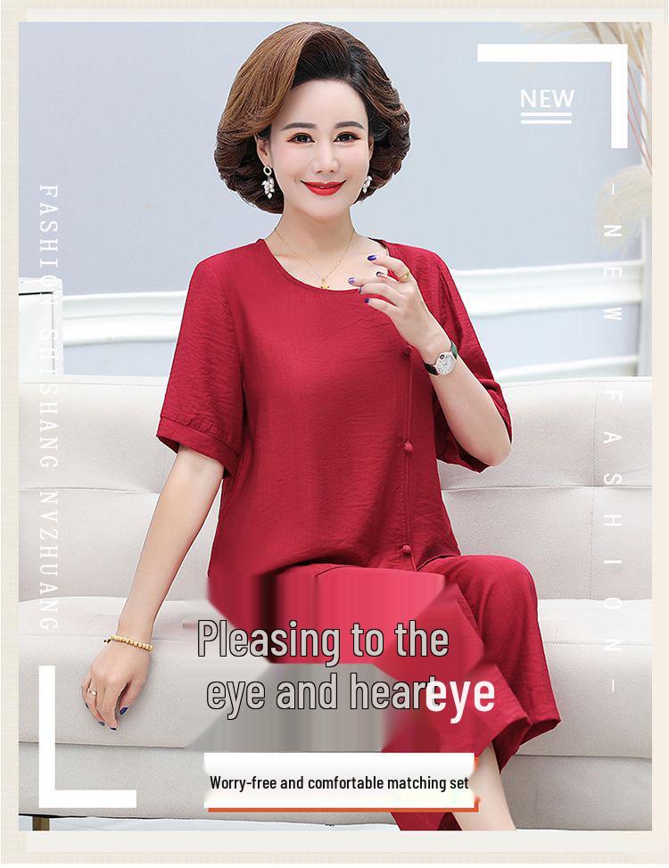 Stylish Plus Size Cotton Linen Summer Set for Middle-Aged Women: Short Sleeve T-Shirt & Two-Piece Outfit