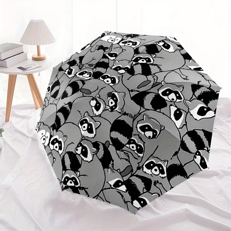 1pc Raccoon Pattern Automatic Open/Close Umbrella - Compact Travel Umbrella, 8-Rib Heavy-Duty Construction, Ideal Gift, Outdoor Accessory046