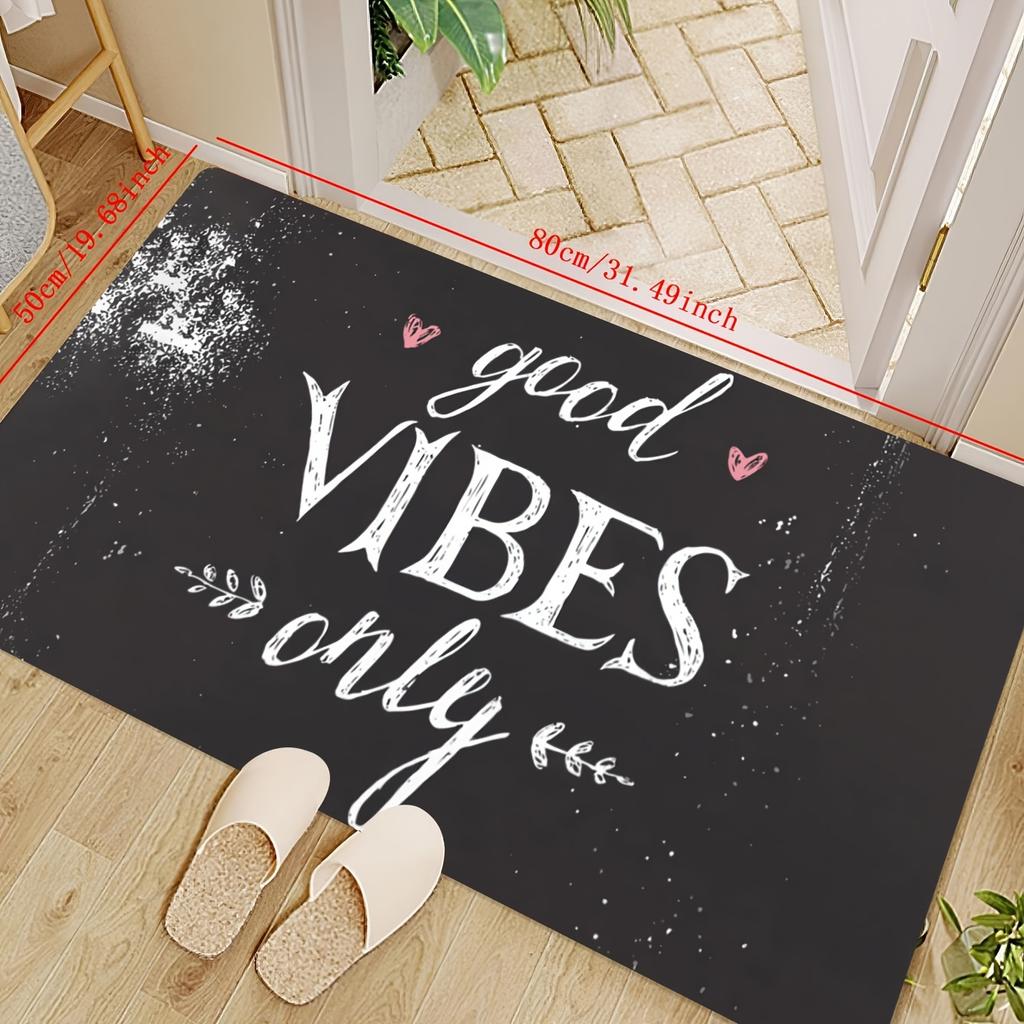 1 Good Vibes Only Indoor and Outdoor Welcome Mat - Black Polyester Rug with White and Pink Hearts Pattern Machine Made, Washable