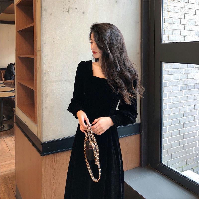 Velvet Square Neck Long-Sleeve Dress - 2022 Spring French Retro Slim Fit, Sexy Mid-Length Skirt