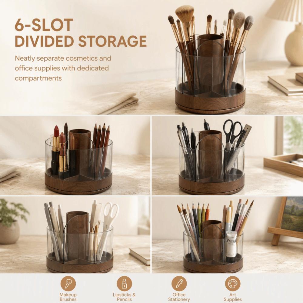Woodgrain Makeup Brush Organizer 6 Slot Compartments Cosmetics Storage Box Home Organization