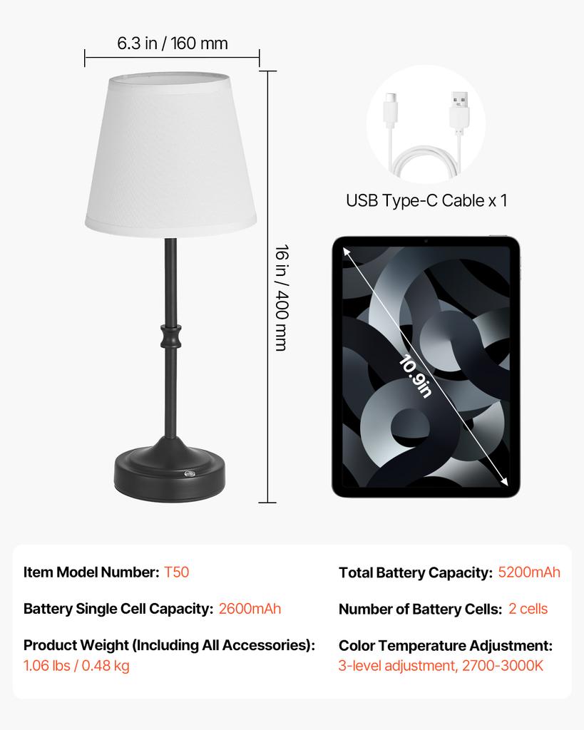 SucceBuy Cordless Table Lamp 5200mAh Built-in Rechargeable Battery Desk Lamp 3-Level Brightness Fabric Shade Color Temperature