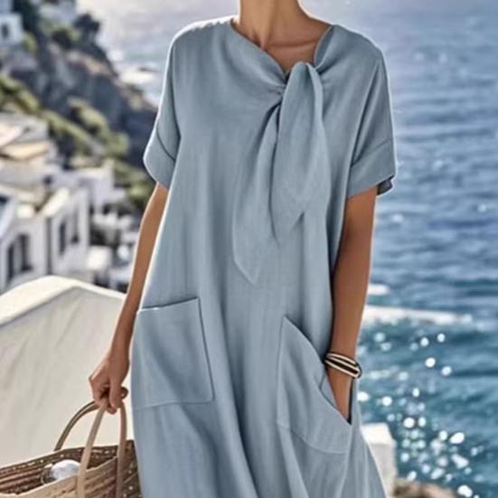 Women Summer Long Dress Tie Neck Short Sleeve Flowy Beach Sundress Casual Loose Vacation Long Dress with Pockets