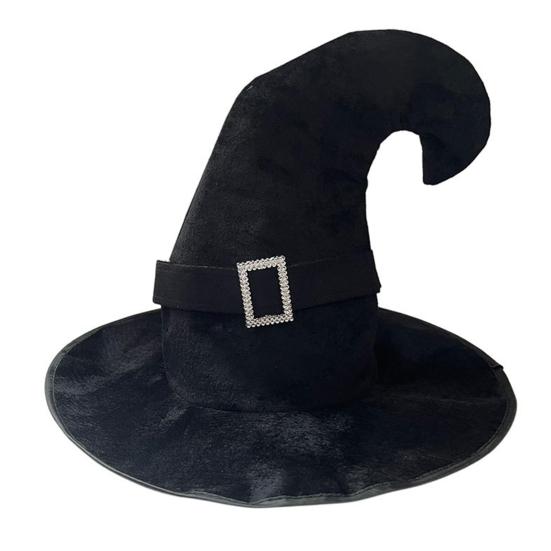 Velvet Witch Hat with Mysterious Button Design Wide Brim Solid