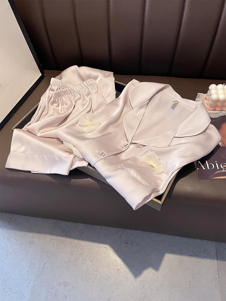 Women s Short Sleeve Bowknot Mulberry Silk Pajama Set L 80-100 lbs розовый