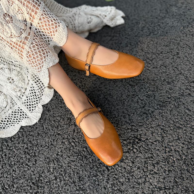 

Johnature Genuine Leather Buckle Strap Women s Flats Shoes Retro Square Toe Soft Soles Solid Color Shoes 35 верблюд